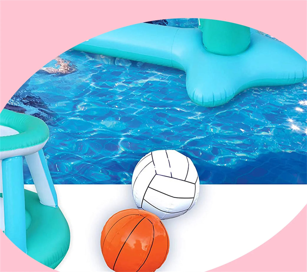 Inflatable Pool Float Set Volleyball Net & Basketball Hoops Balls