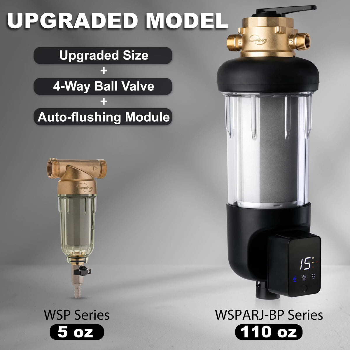 iSpring WSP500ARJ-BP Whole House Prefilter, Spin-Down Sediment Water Filter with Bypass, Upgraded Clear Housing, Jumbo Size, Flushable and Reusable, Touch-Screen Auto Flushing, 4 Modes, 500 Microns