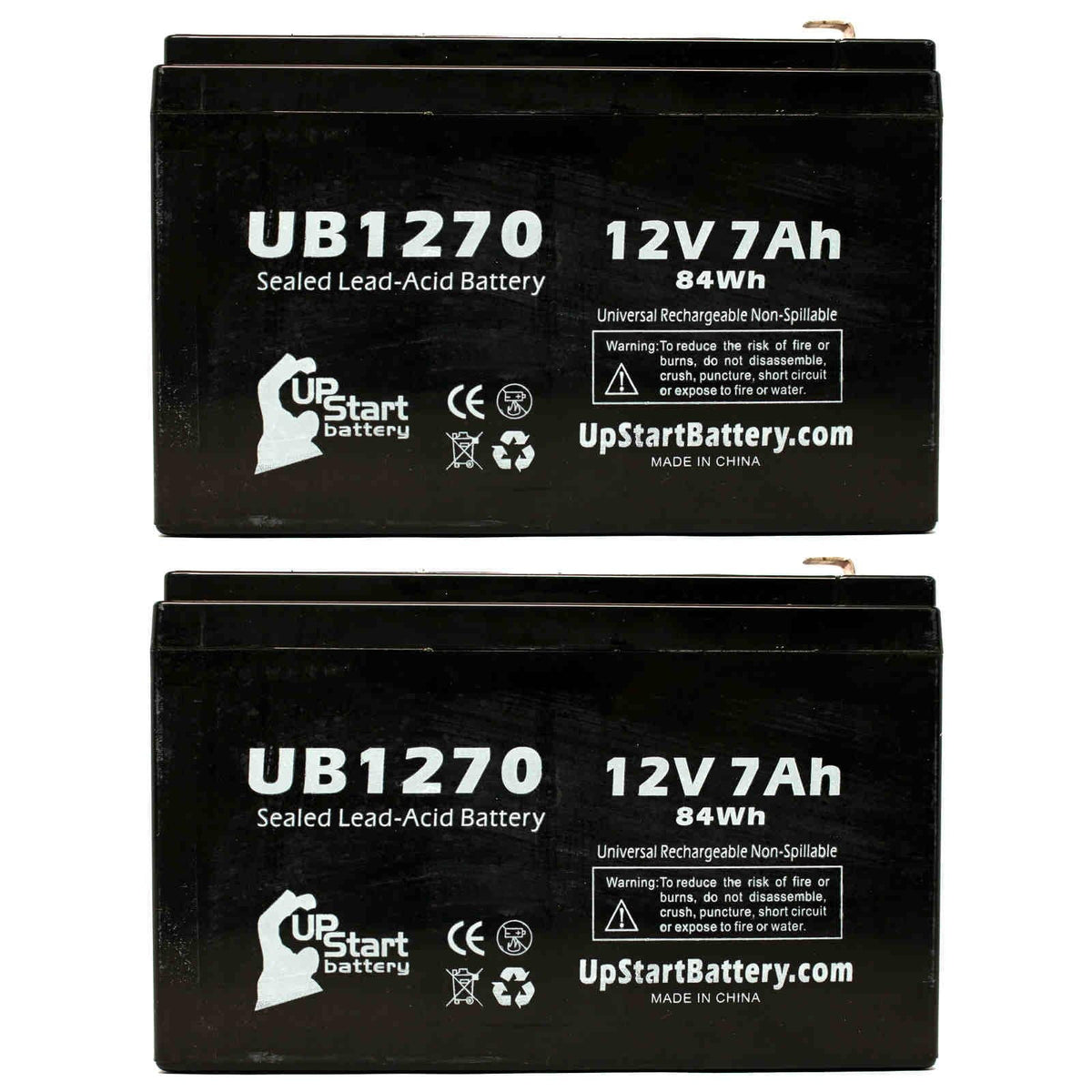 2x Pack - Suitable Upsonic PCM35 Battery - Replacement UB1270 Universal Sealed Lead Acid Battery (12V, 7Ah, 7000mAh, F1 Terminal, AGM, SLA) - Includes 4 F1 to F2 Terminal Adapters
