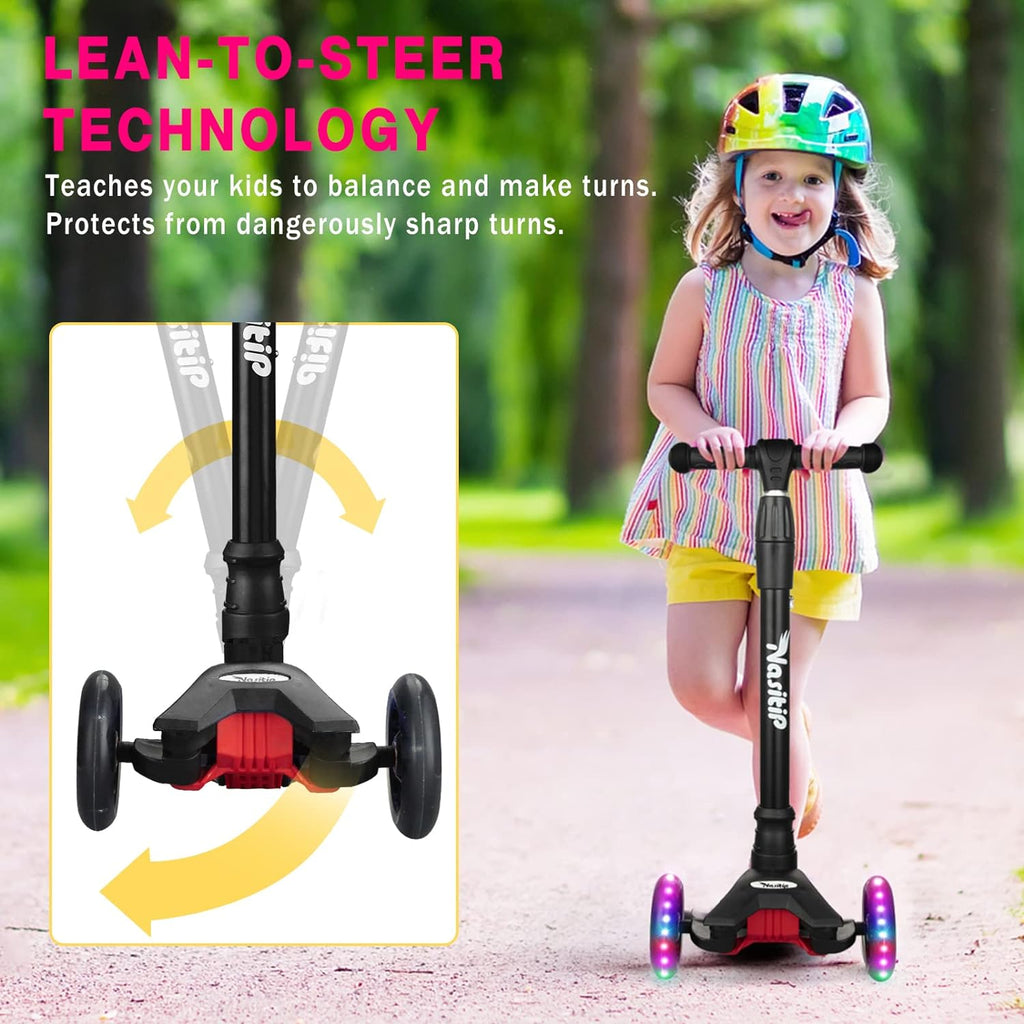 Kick Scooter Collapsible Portable Kids Push Scooter with 4 Adjustable Height, AEBC-9 Bearing, 3 Light Up Wheels for Boys Girls Toddlers from 3 to 12 Years Old(Black)