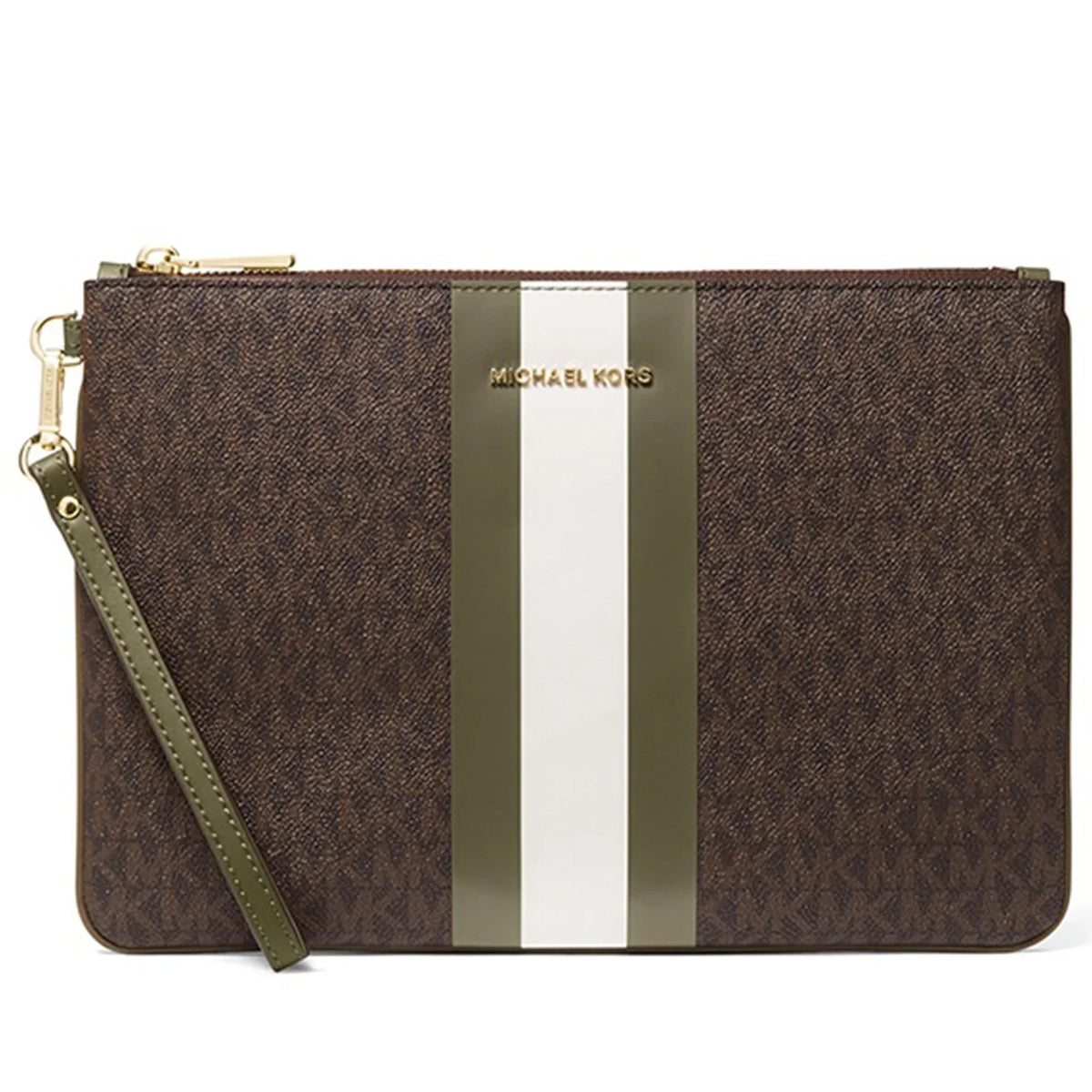 Michael Kors Women's Jet Set Large Logo Print Canvas Zip Pouch Wristlet (Brown / Olive)