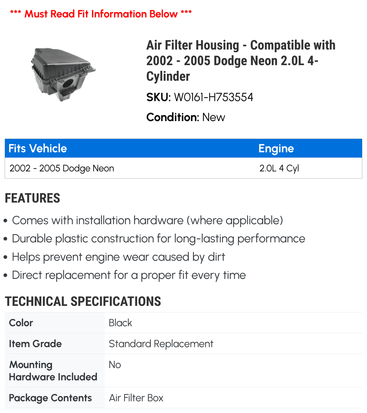 Air Filter Housing - Fitting with 2002 - 2005 Dodge Neon 2.0L 4-Cylinder 2003 2004