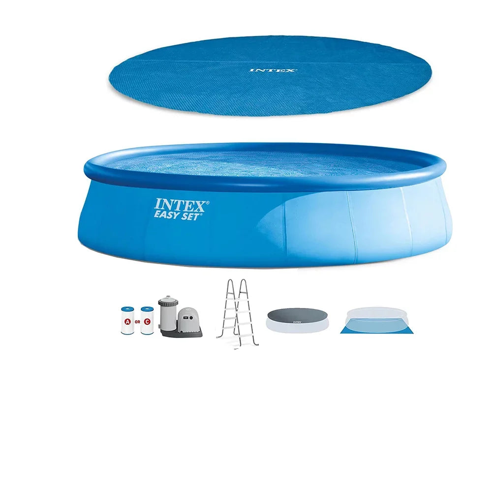 Intex 48in x 18ft Inflatable Round Metal Frame Above Ground Pool with Ladder, Pump & Protection