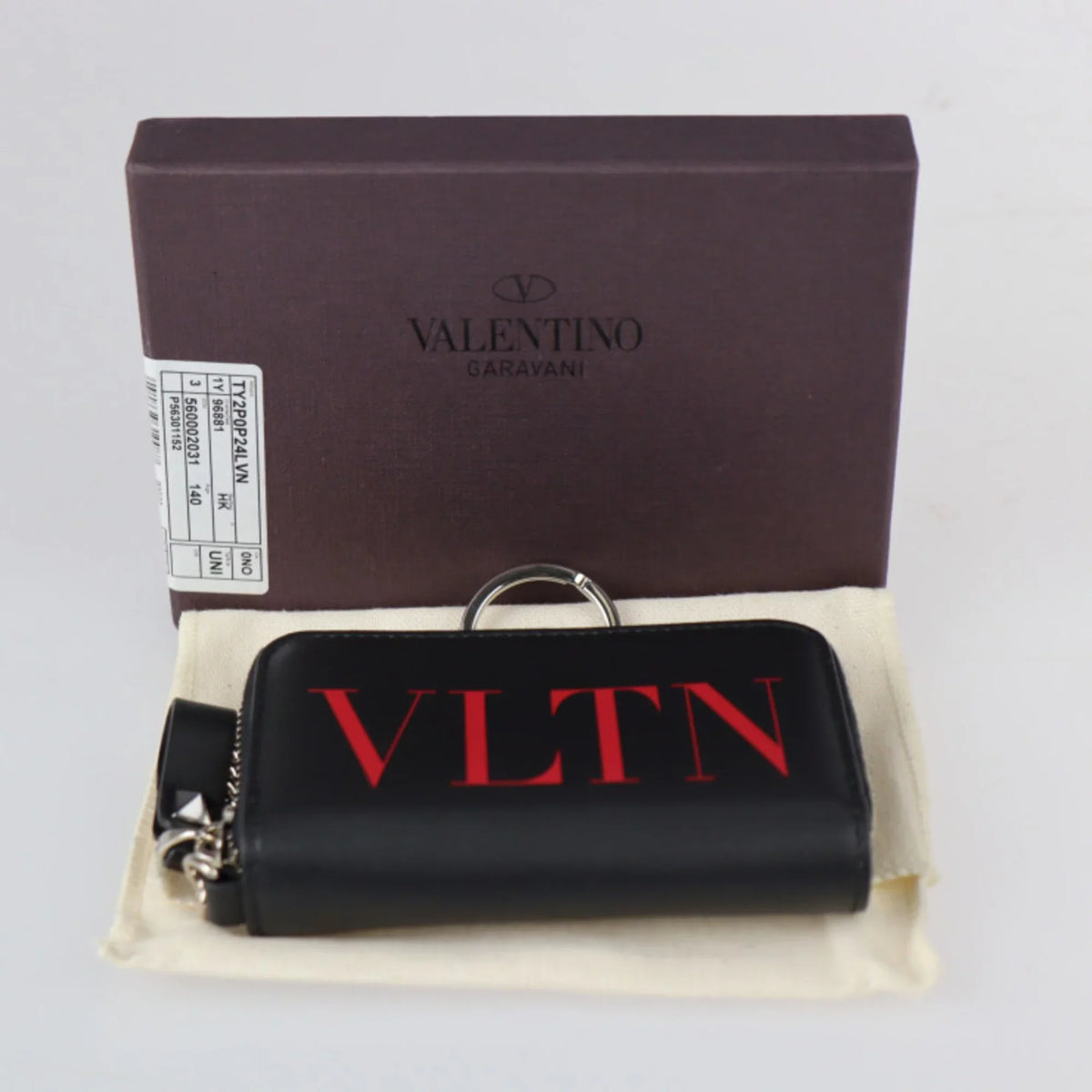 Pre-Owned Valentino Garavani coin case TY2P0P24LVN leather black red silver metal fittings round zipper purse with key ring (Like New)