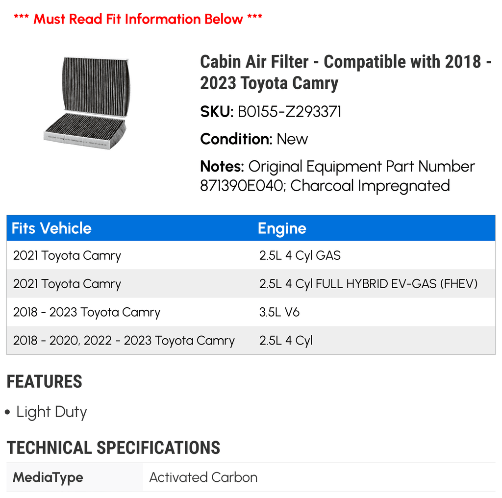 Cabin Air Filter - Suitable with 2018 - 2023 Toyota Camry 2019 2020 2021 2022