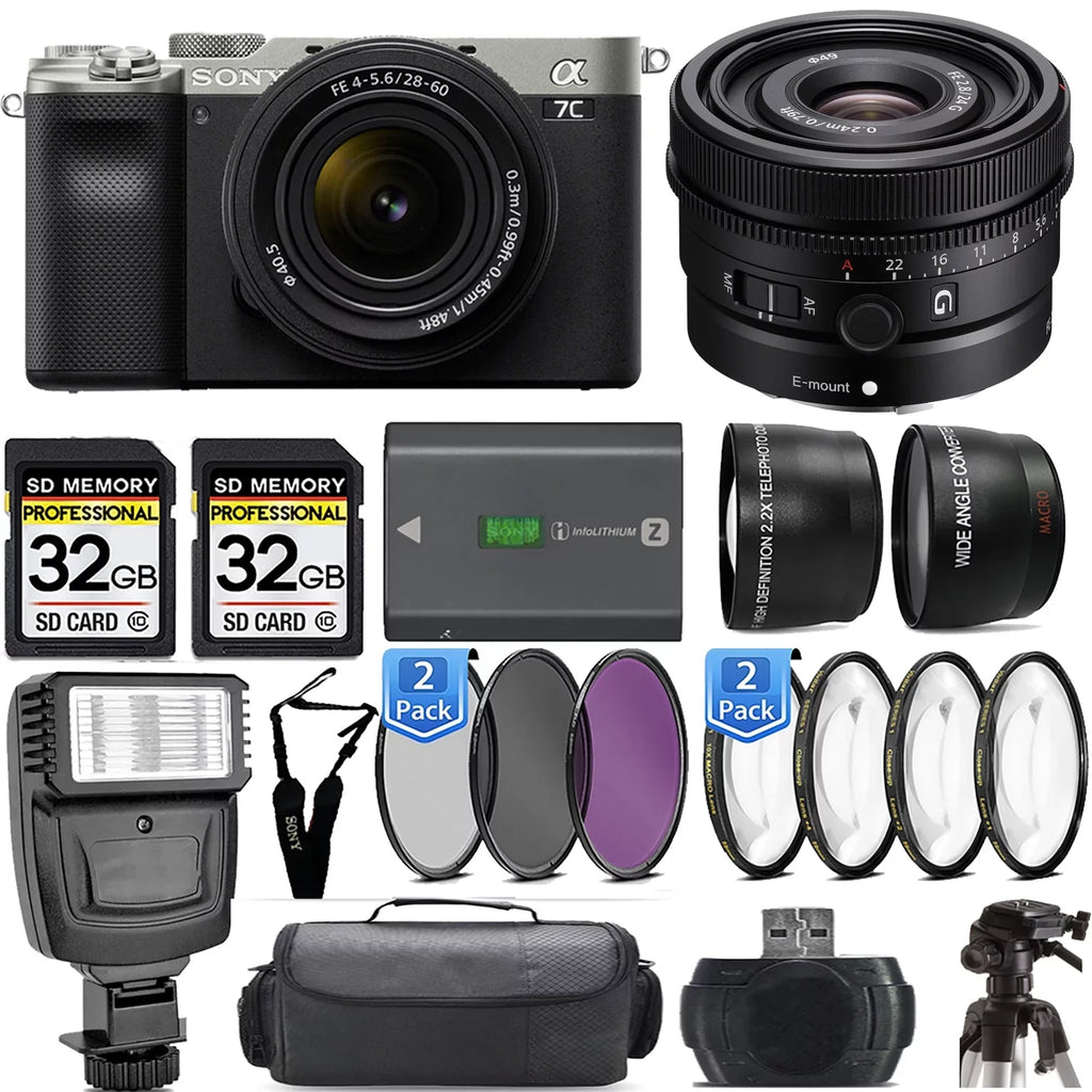Sony a7C Mirrorless Camera (Silver) with 28-60mm Lens+24mm f/2.8 G Lens +Flash- Kit