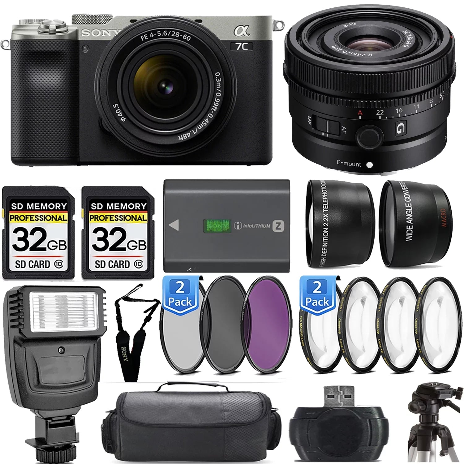 Sony a7C Mirrorless Camera (Silver) with 28-60mm Lens+24mm f/2.8 G Lens +Flash- Kit