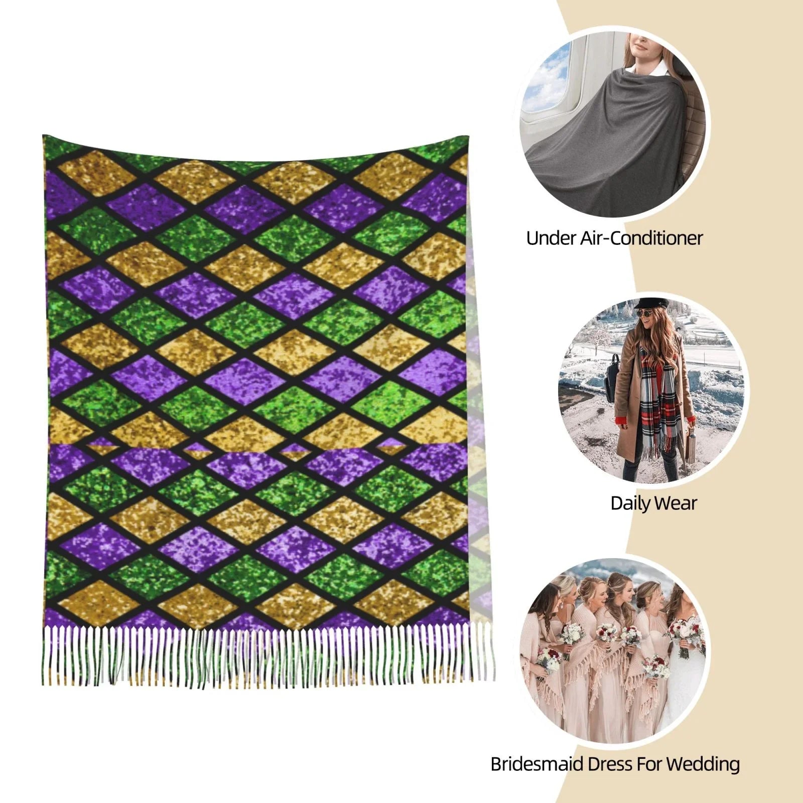 Bingfone Soft Cashmere Feel Scarf For Women Elegant Art Print Winter Warm Scarves Large Shawl Wrap Gifts- Mardi Gras Shiny Green Purple