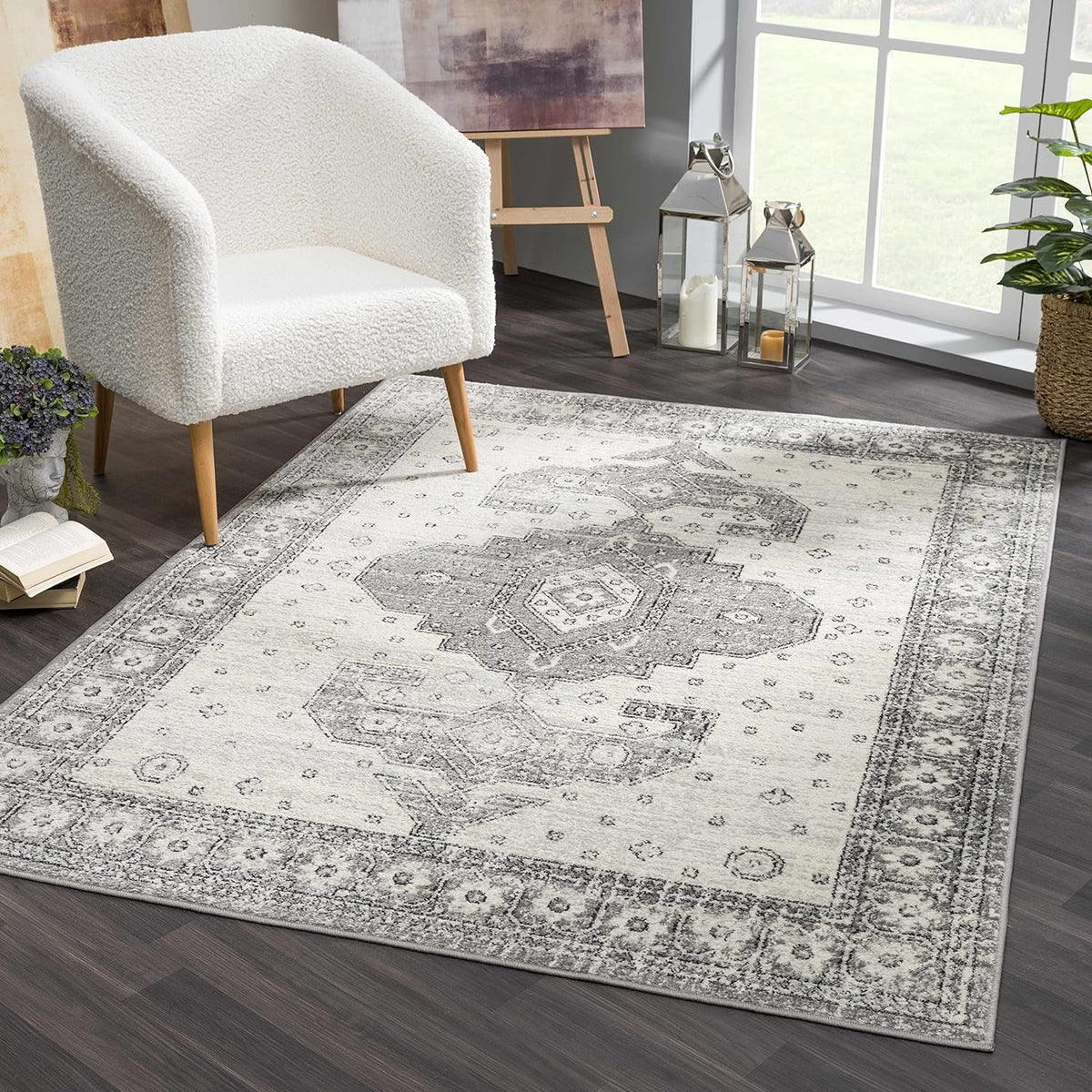 Marash Collection Goksun Persian Traditional Living Room, Bedroom, Indoor Area Rug - Oriental Medallion Pattern - Boho Vintage Distressed - Grey, Beige - 7'10" X 10'