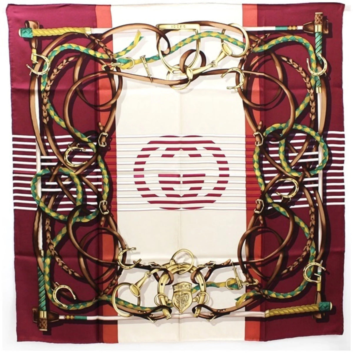 Pre-Owned Gucci Silk Scarf Muffler Beige x Bordeaux Interlocking Pattern GUCCI Women's (Good)