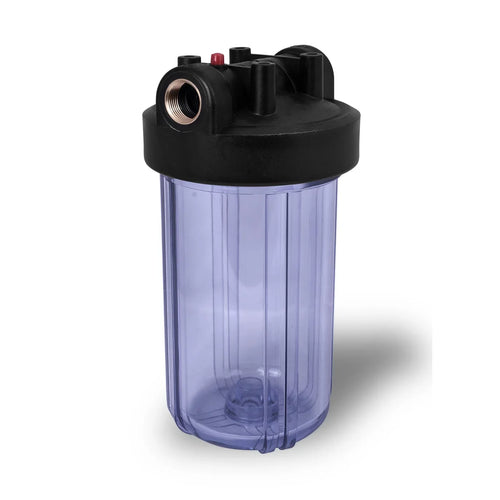 10 Inches Transparent Big Blue Housing with Presser Relief Button, 1” Inlet/Outlet Brass Port & 5 Micron Block Activated Carbon Filter Cartridge