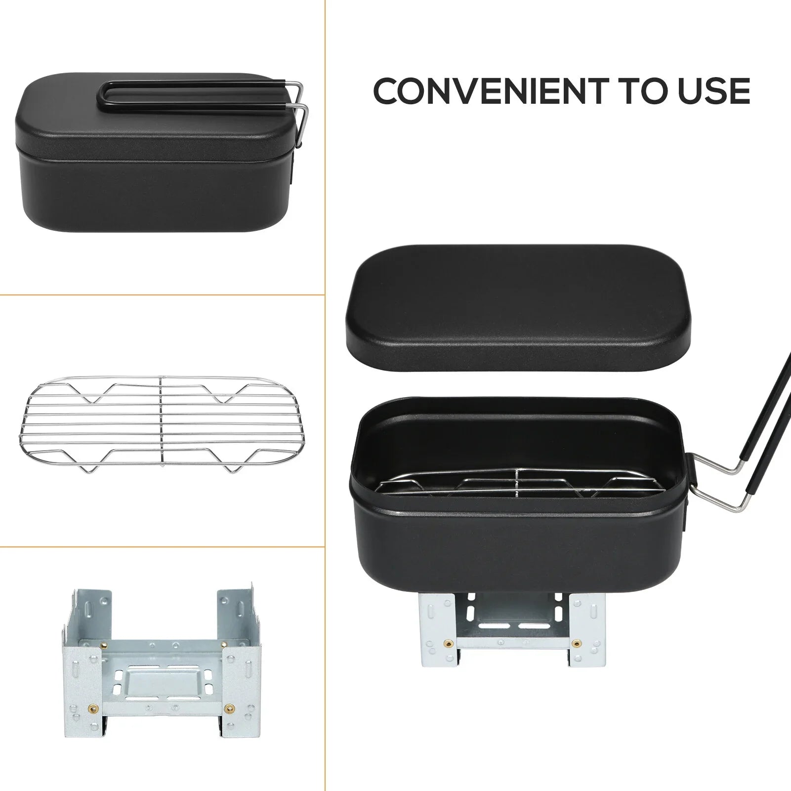 FlyFlise 4pcs Cookware Mess Kit 800ml Camping Lunch Box with Alcohol Stove Steaming Rack Cutting Board for Backpacking Hiking Fishing Mountaineering