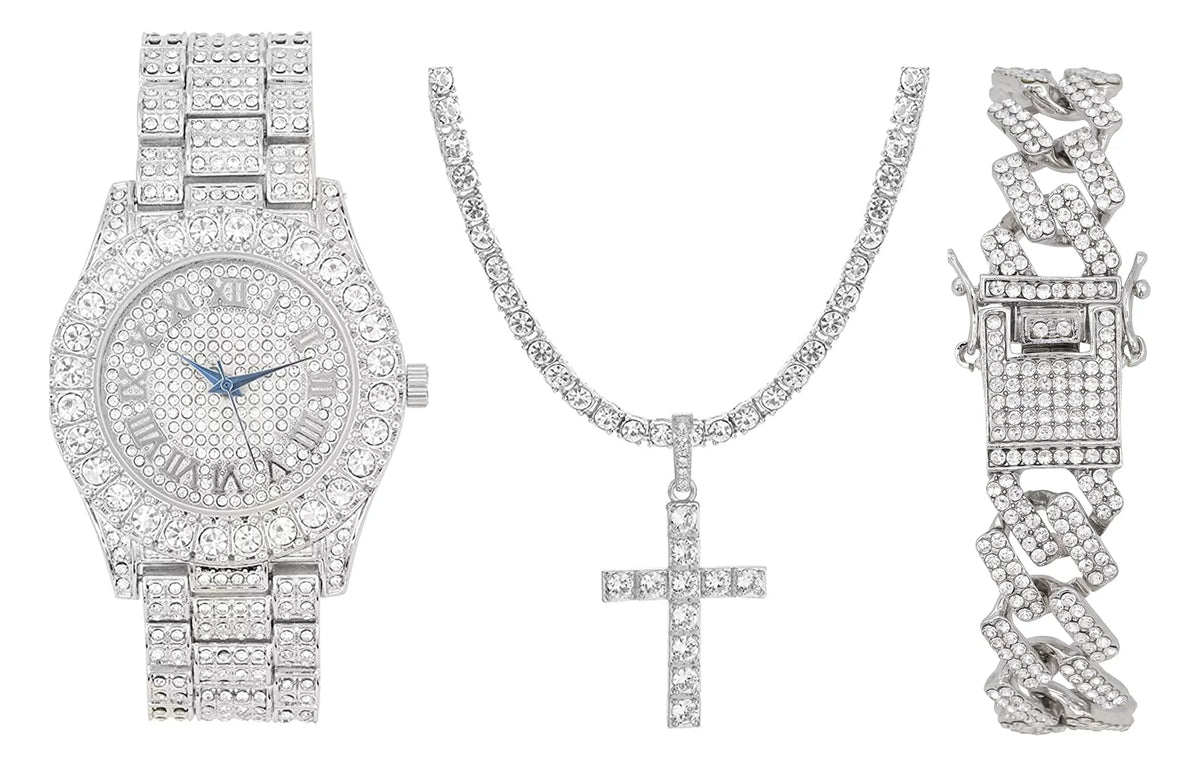 Charles Raymond Luxury Mens Iced Out Tennis Cross Necklace w/Diamond Quartz Wristwatch - Be Lit & Choose The Matching Blinged Out Cuban ZZ Bracelet Set - ST10327RN Classic SLV SLV 3pc Set (18")
