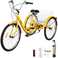 Vevor 7-Speed 3 Wheel Adult Tricycle 24 in. Yellow Trike Bicycle Bike with Large Basket for Riding