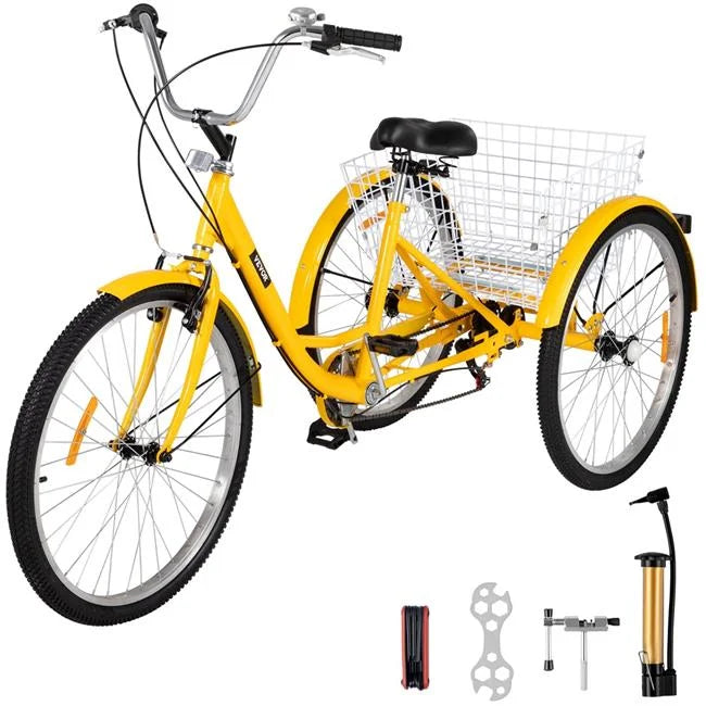 Vevor 7-Speed 3 Wheel Adult Tricycle 24 in. Yellow Trike Bicycle Bike with Large Basket for Riding