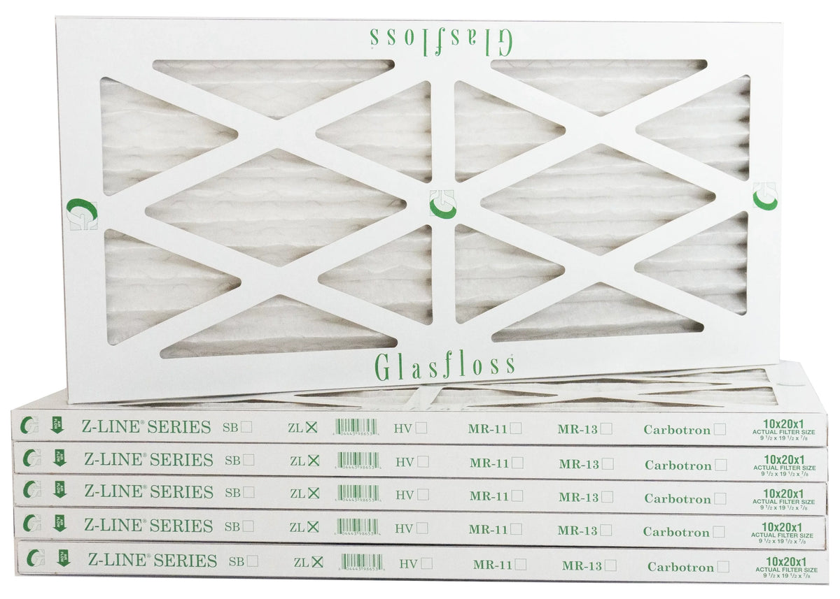 Glasfloss 10x20x1 - MERV 10 -Qty:6 - Furnace Air Filter - Made in USA (Actual Size: 9.5 x 19.5x7/8 inch)