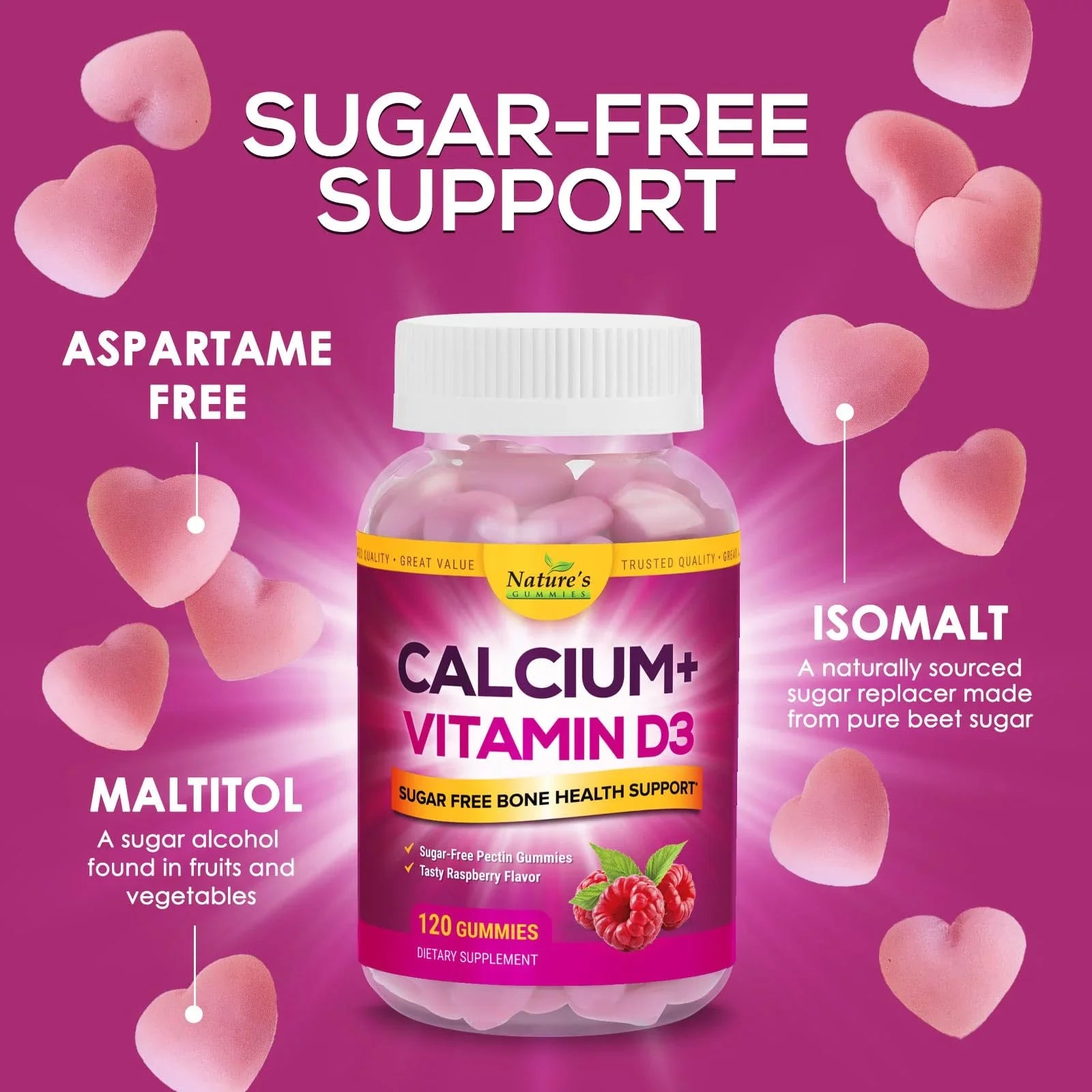 Sugar Free Calcium Gummy Bites Plus 400 IU Vitamin D3, Bone Health & Immune Support, Supports Bone Strength - Chewable Calcium Nutrition Supplement, Non-GMO, Berry Flavor Chews - 120 Gummies