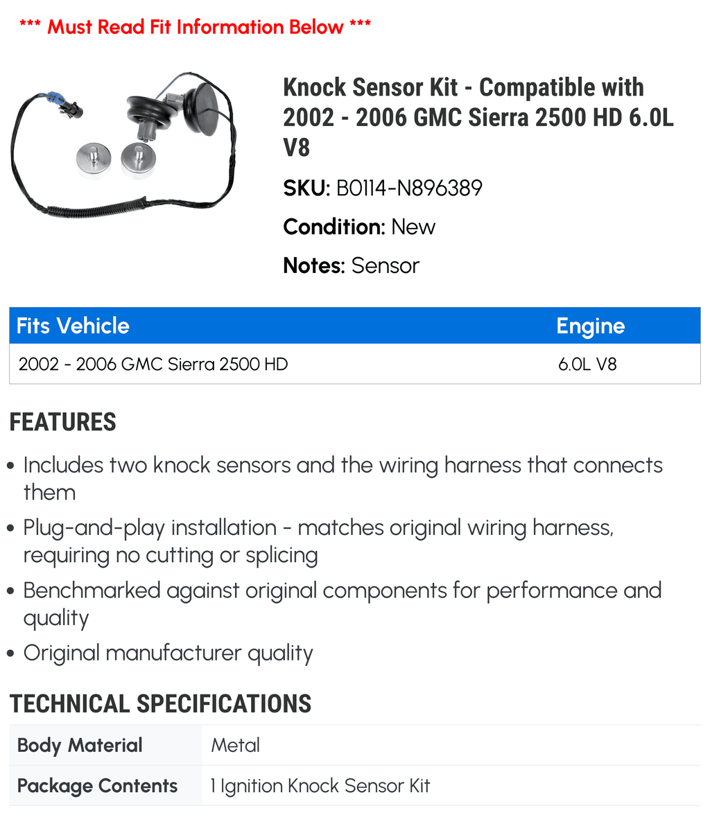 Knock Sensor Kit - Suitable with 2002 - 2006 GMC Sierra 2500 HD 6.0L V8 2003 2004 2005