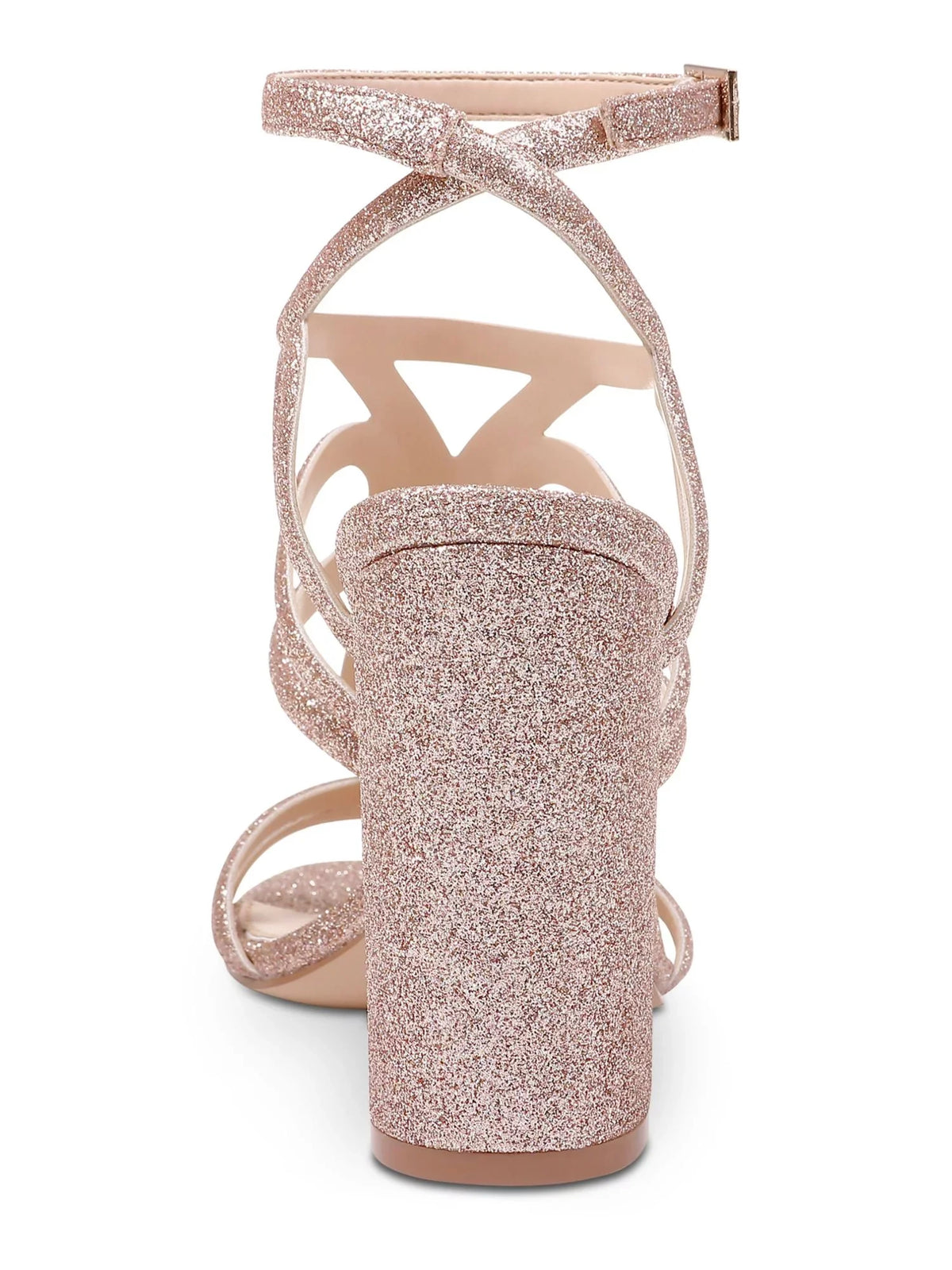JEWEL BADGLEY MISCHKA Womens Pink Caged Padded Ankle Strap Glitter Shari Round Toe Flare Latch Slingback Sandal 6