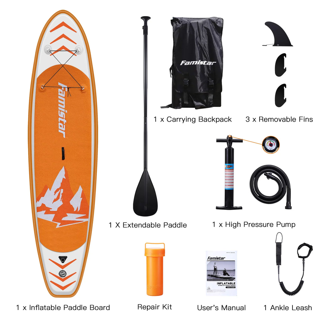 Famistar 10' Inflatable Stand Up Paddle Board (6"Thick) with SUP/ 3 Pins | Wide Stance, Bottom Fin for Paddling, Surf Control, Non-Slip Deck |Youth & Adult Standing Ship