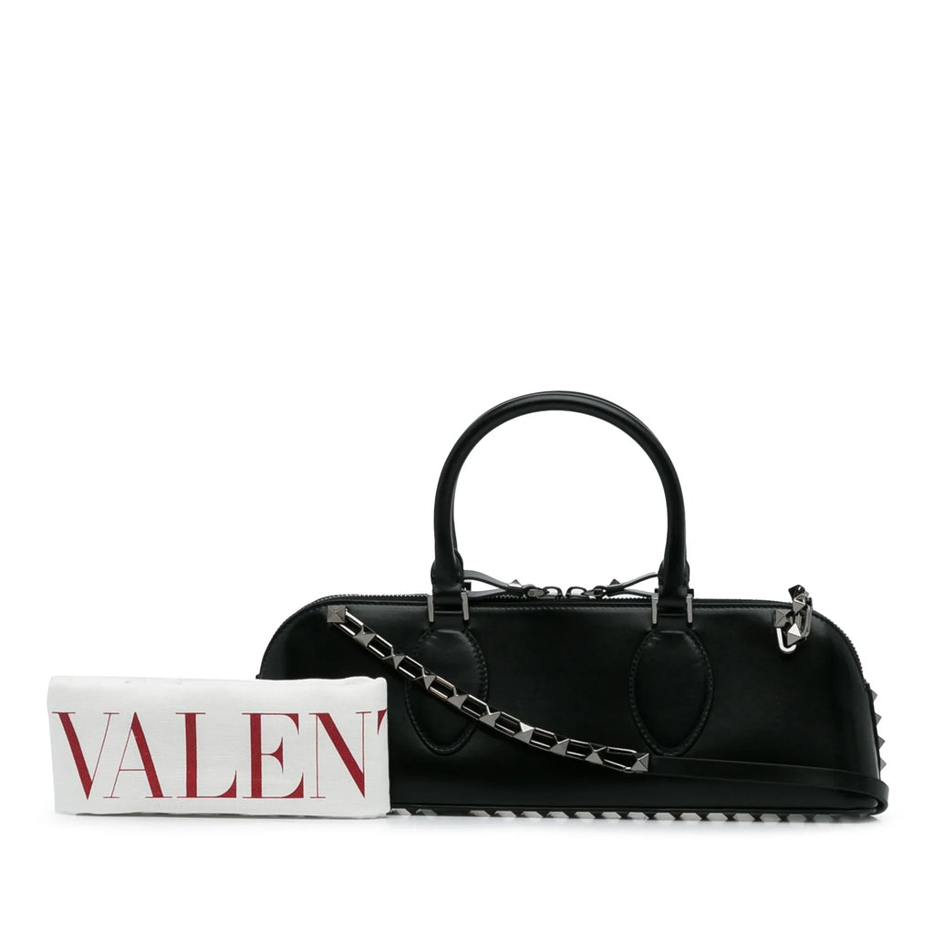 Pre-Owned Authenticated Valentino Rockstud East West Satchel Calf Leather Black Unisex (Good)