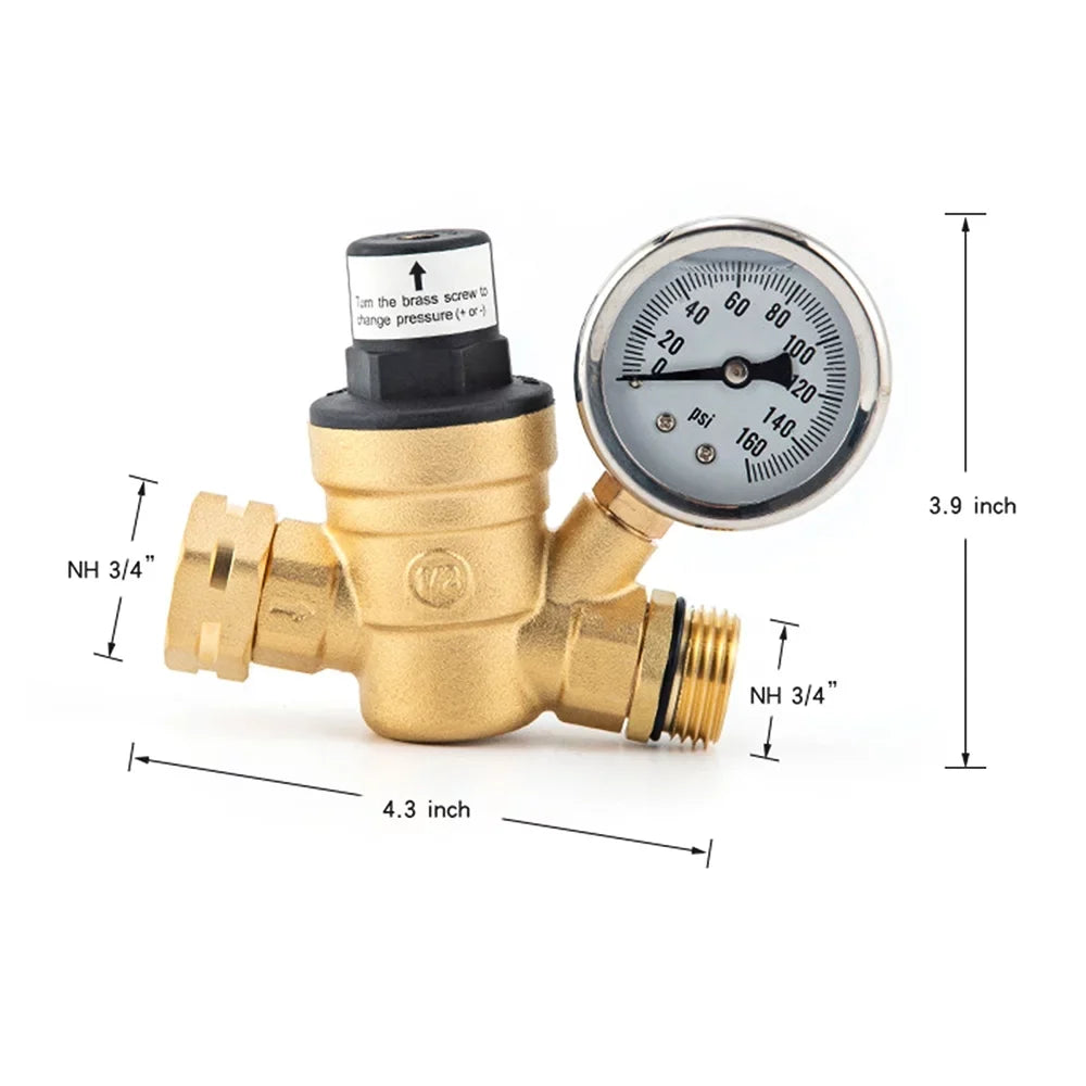 moobody Brass Water Pressure Regulator Valve for RV Travel Trailer, Adjustable Reducer with Gauge and Inlet Screened Filter