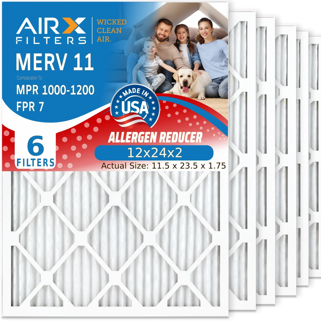 12x24x2 Air Filter MERV 11 Comparable to MPR 1000, MPR 1200 & FPR 7 Electrostatic Pleated Air Conditioner Filter 6 Pack HVAC Premium USA Made 12x24x2 Furnace Filters by AIRX FILTERS WICKED CLEAN AIR.