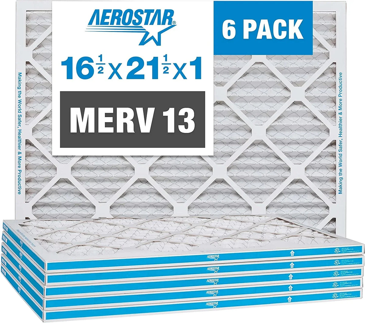 Aerostar 16 1/2x21 1/2x1 MERV 13 Pleated Air Filter, AC Furnace Air Filter, 6-Pack (Actual Size: 16 1/2" x 21 1/2" x 3/4")