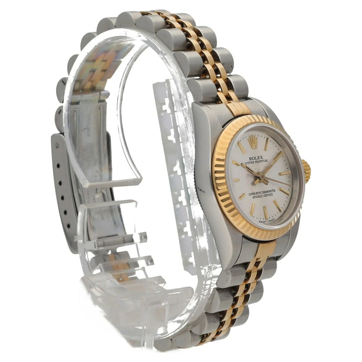 Rolex 76193 Oyster Perpetual 18k Yellow Gold Steel Silver Dial Ladies Watch 2005