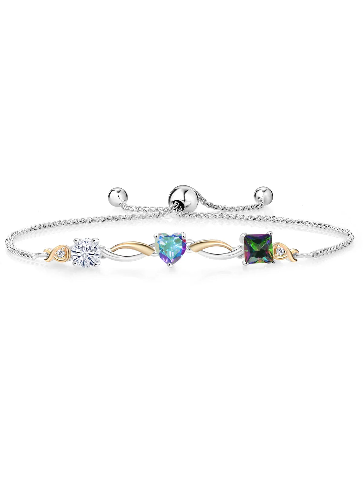 925 Silver and 10K Yellow Gold Moissanite Mercury Mist Mystic Topaz Green Mystic Topaz and Lab Grown Diamond Tennis Bracelet for Women By Keren Hanan (2.30 cttw, Adjustable Up To 9 inch)