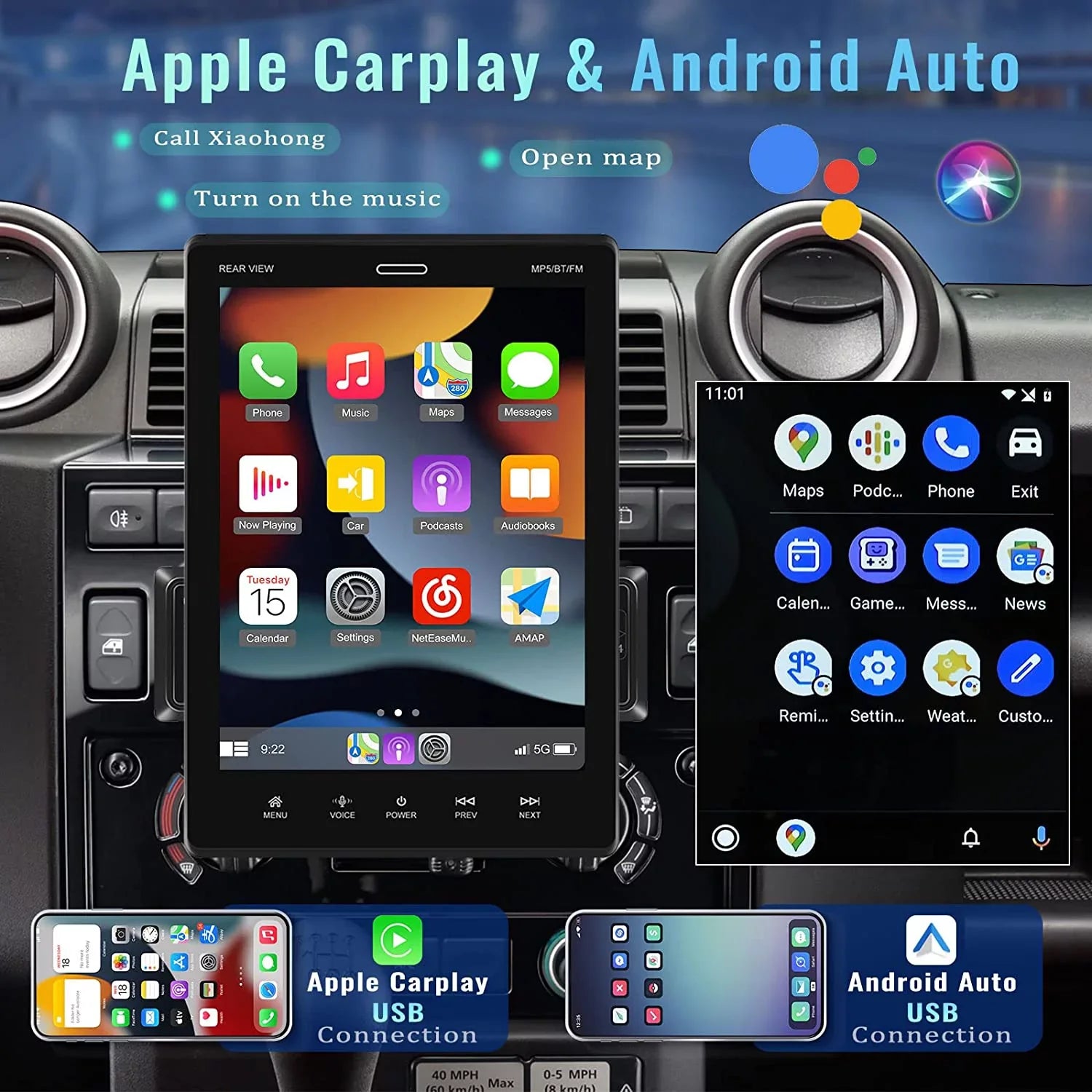 Podofo Single Din 9.5'' Car Stereo with Apple Carplay Android Auto HD Touch Screen Car MP5 Player Car Radio Bluetooth Mirror Link USB FM,with 12 LED Rear Camera
