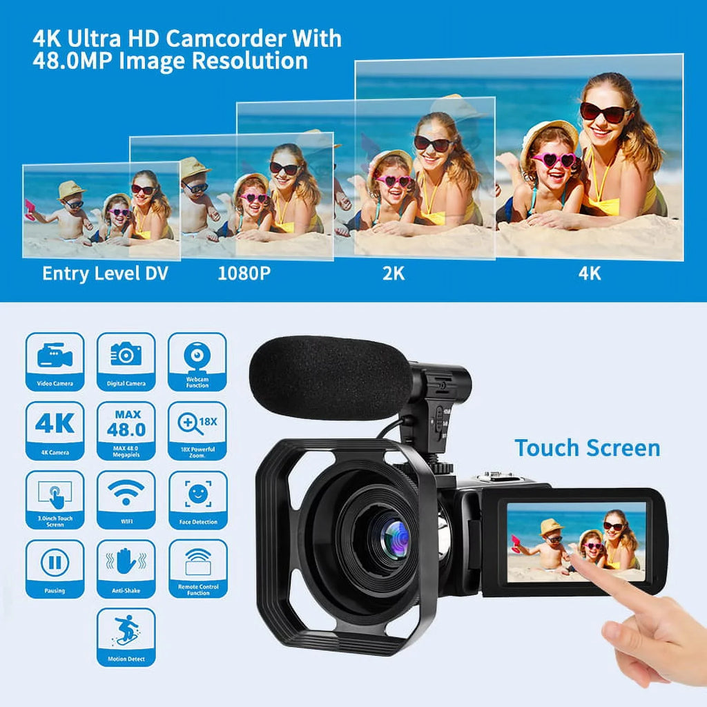 4K Camcorder Vlogging Camera for Youtube Ultra HD 48MP Video Camera with Microphone & Remote Control Wifi Digital Camera 3.0" IPS Touch Screen