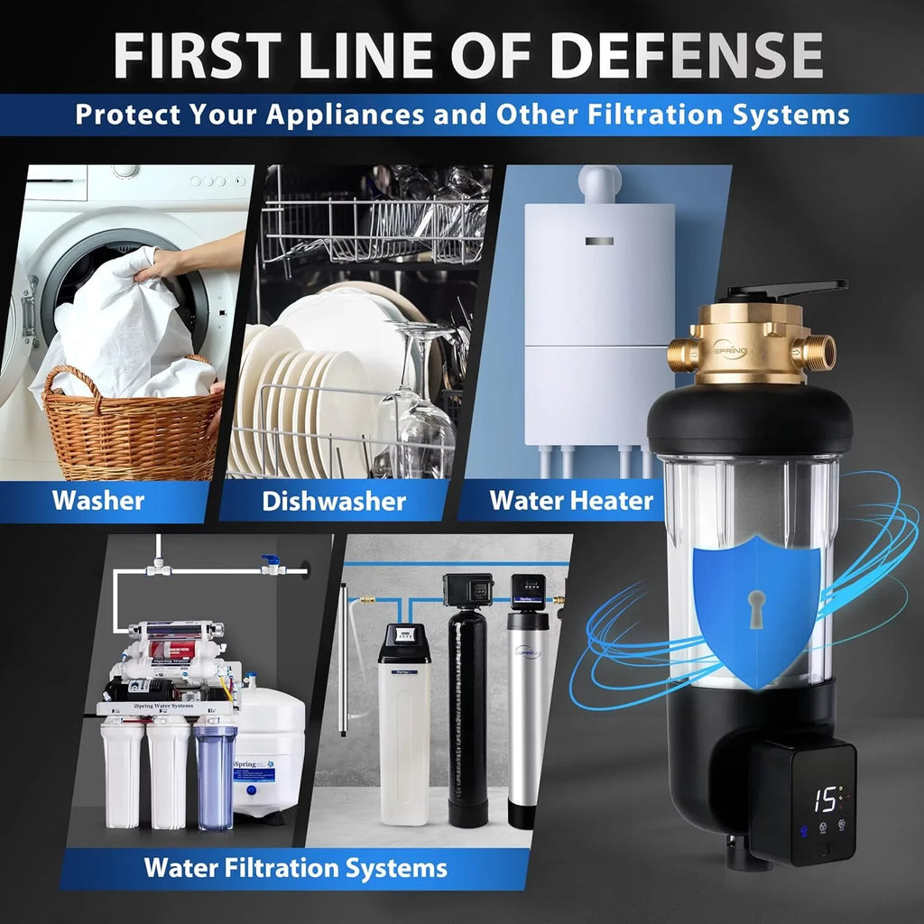 iSpring WSP500ARJ-BP Whole House Prefilter, Spin-Down Sediment Water Filter with Bypass, Upgraded Clear Housing, Jumbo Size, Flushable and Reusable, Touch-Screen Auto Flushing, 4 Modes, 500 Microns