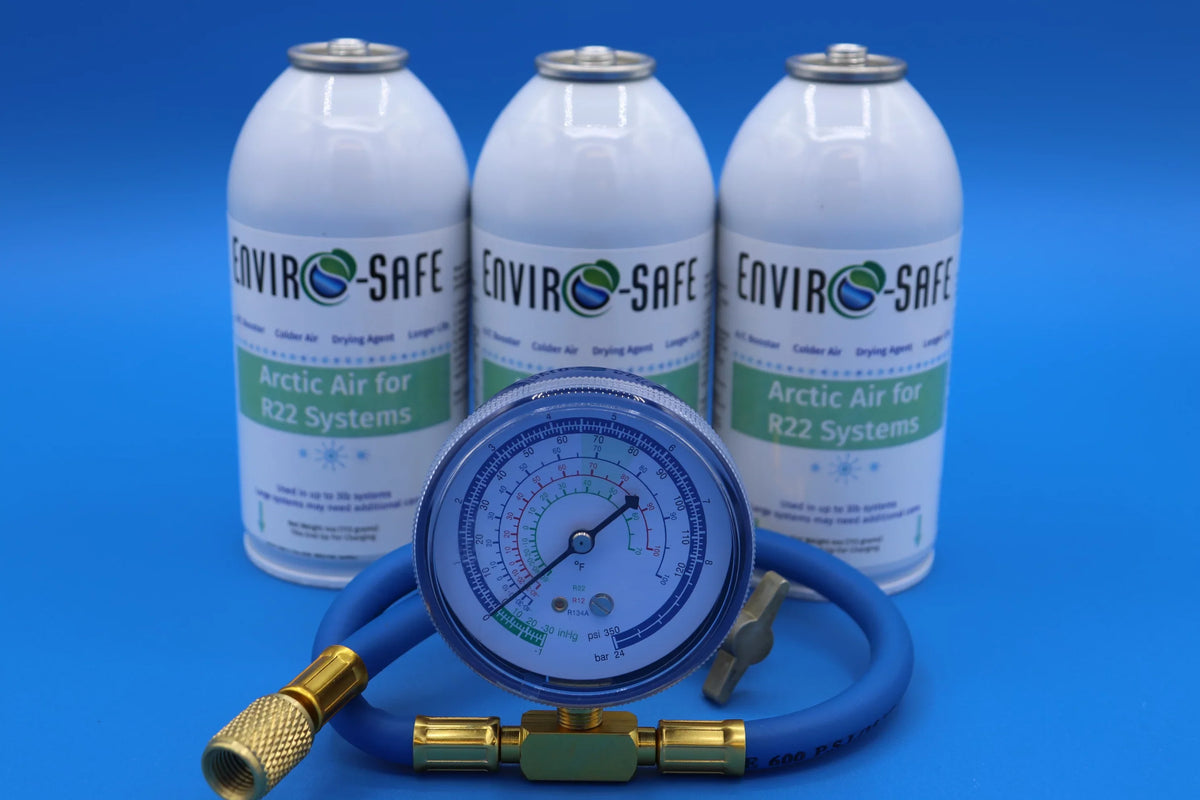 Envirosafe Arctic Air for R22 systems, 3 cans and a gauge, R22a, R-22a