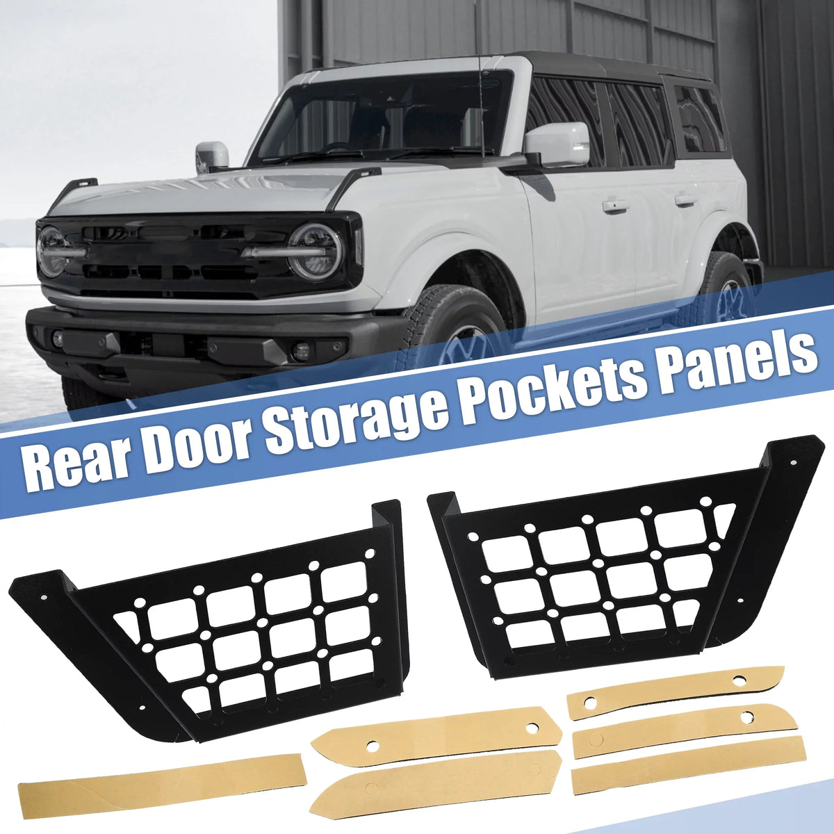 1Pair Rear Door Net Pocket Storage Box Organizer Tray for Ford Bronco 2021 Metal Black