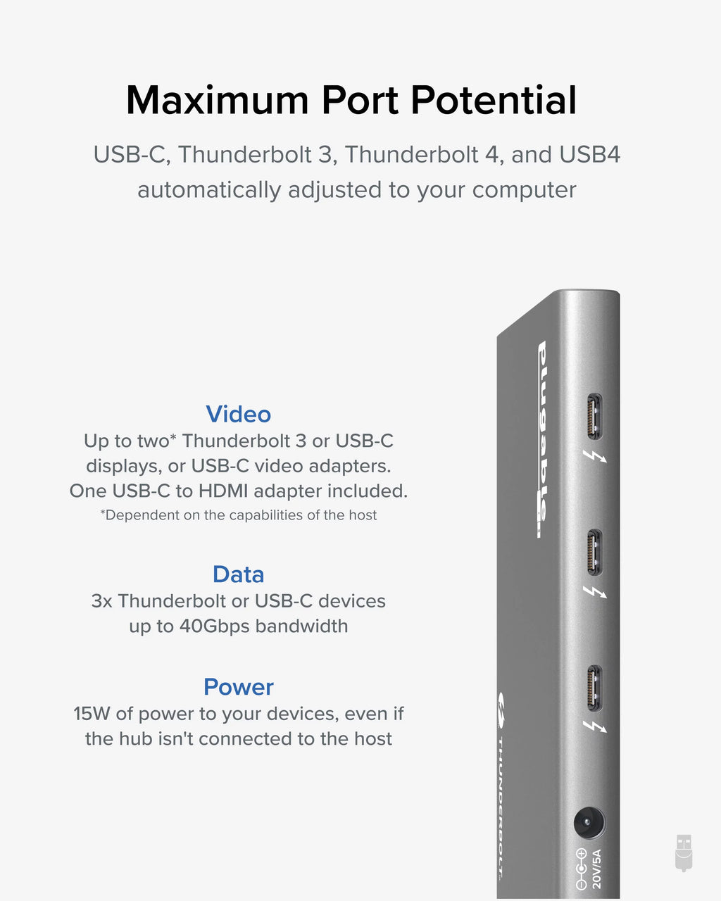 Plugable 5-in-1 Thunderbolt 4 Hub with 60W Charging, Single 8K or Dual 4K Display, Suitable with Thunderbolt USB4 Macs and Thunderbolt 4 / USB4 Windows (1x USB-C to HDMI Adapter)