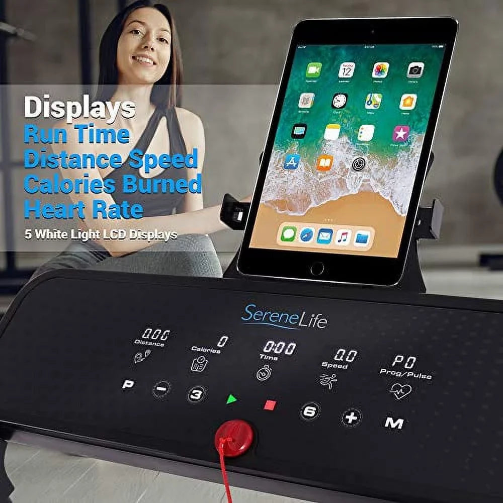SereneLife Smart Digital Folding Treadmill - Electric Foldable Exercise Fitness Machine, Black