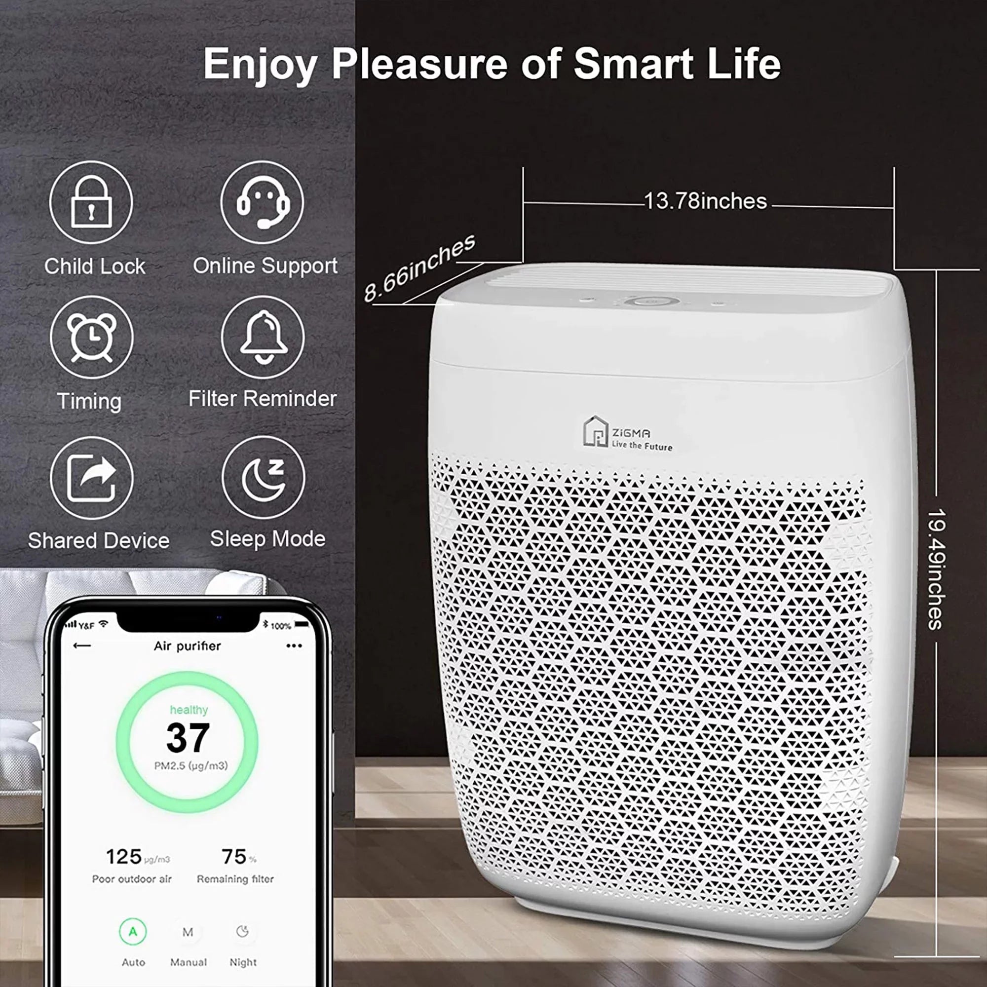 Zigma Aerio-300 1580 Sq Ft Smart 5-in1 HEPA Air Purifier for Home, White
