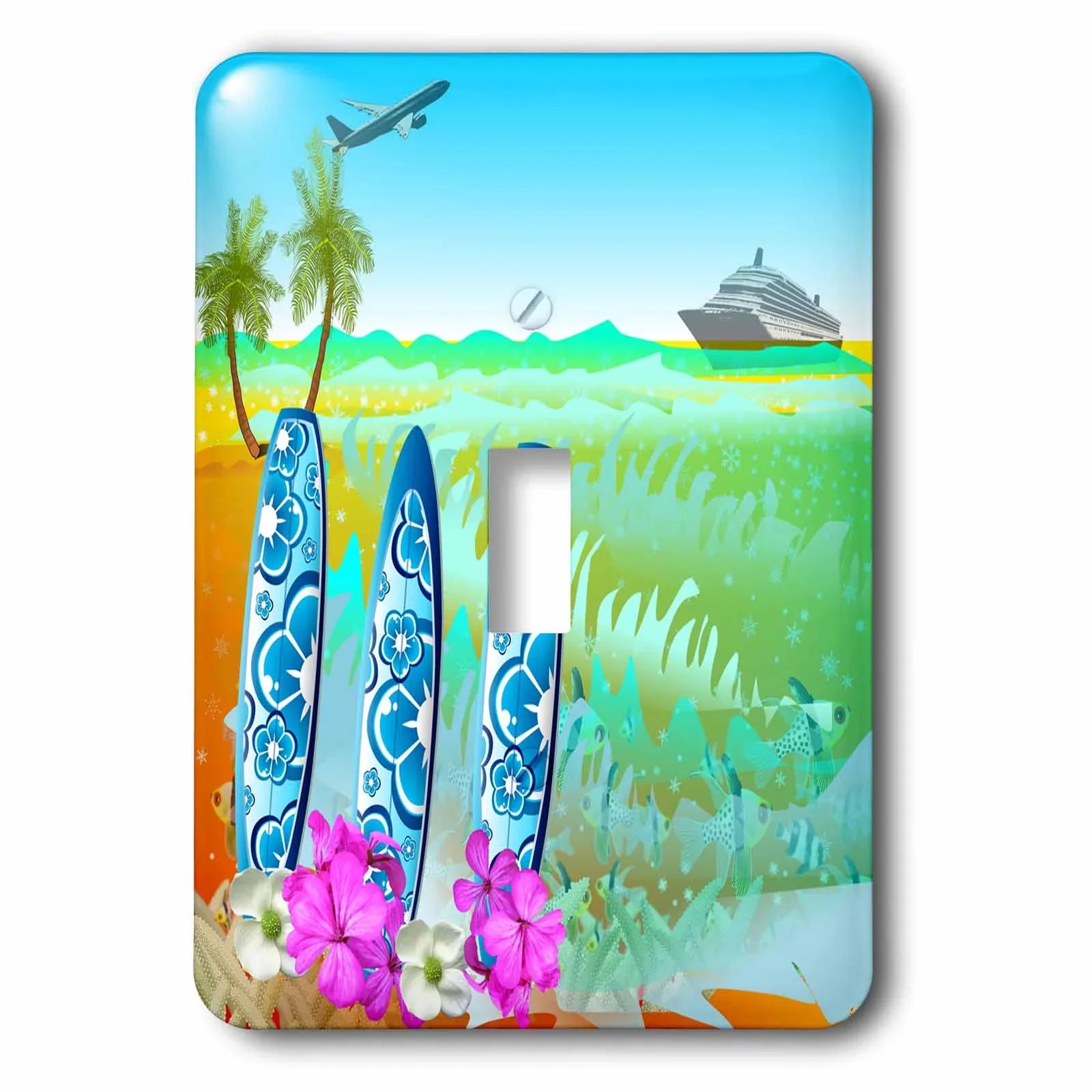 3dRose Hawaiian beach, surfboards, a cruise ship and jet fun art - Single Toggle Switch