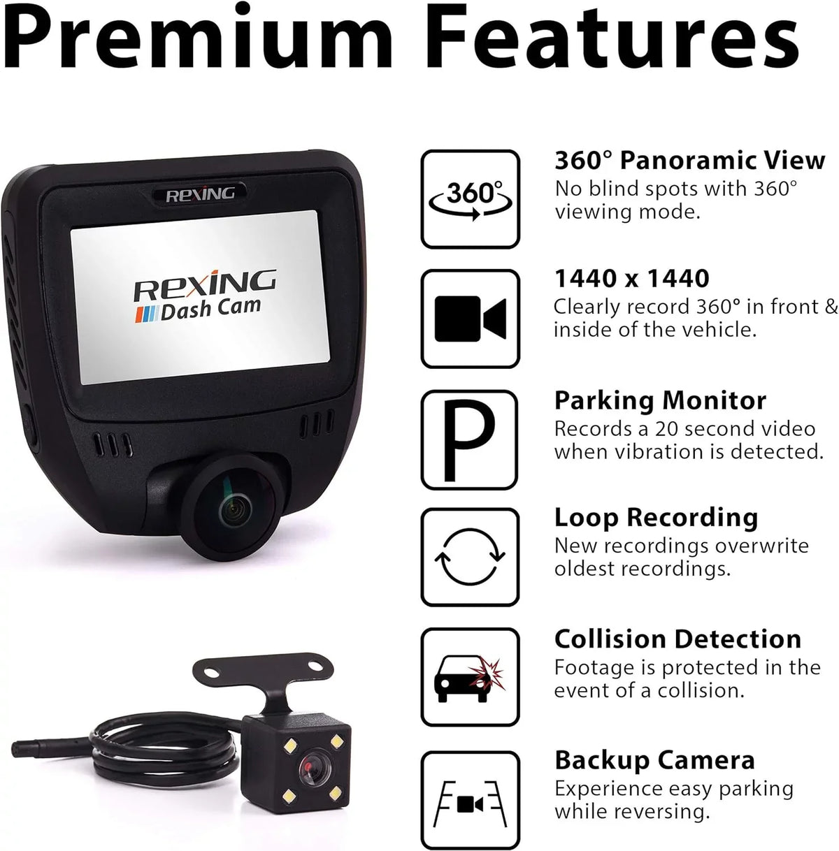 Open Box Rexing V360 360 Degree Wide Angle Dual Channel Dashboard Camera - Black