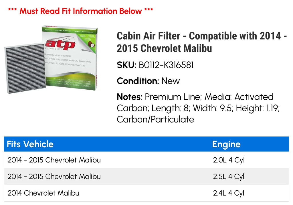Cabin Air Filter - Fitting with 2014 - 2015 Chevy Malibu
