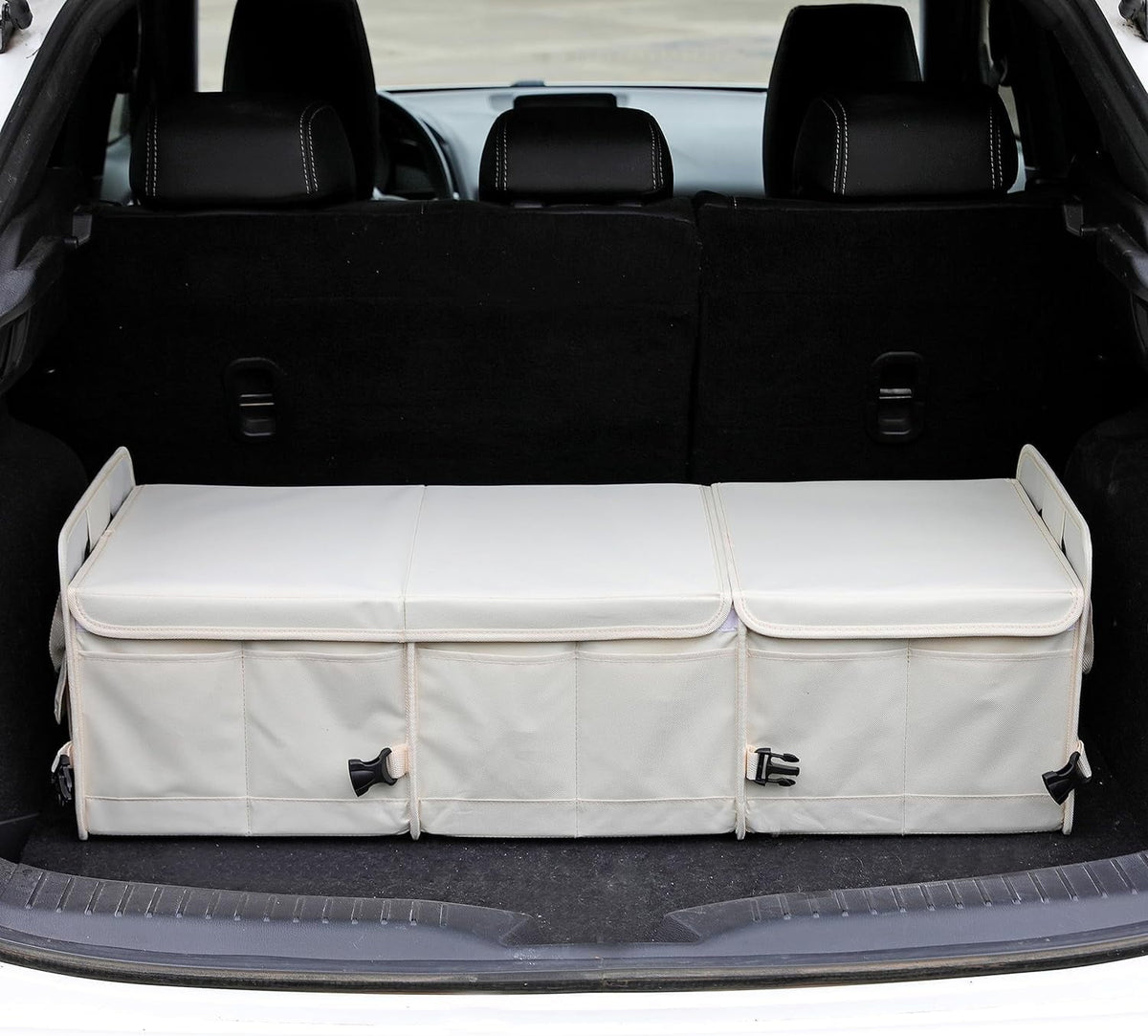 Glamor D Car Trunk Organizer with Lid Car Storage Organizer Collapsible Multi Compartment Adjustable Straps Car Organizer for SUV, Truck, Sedan(Beige)