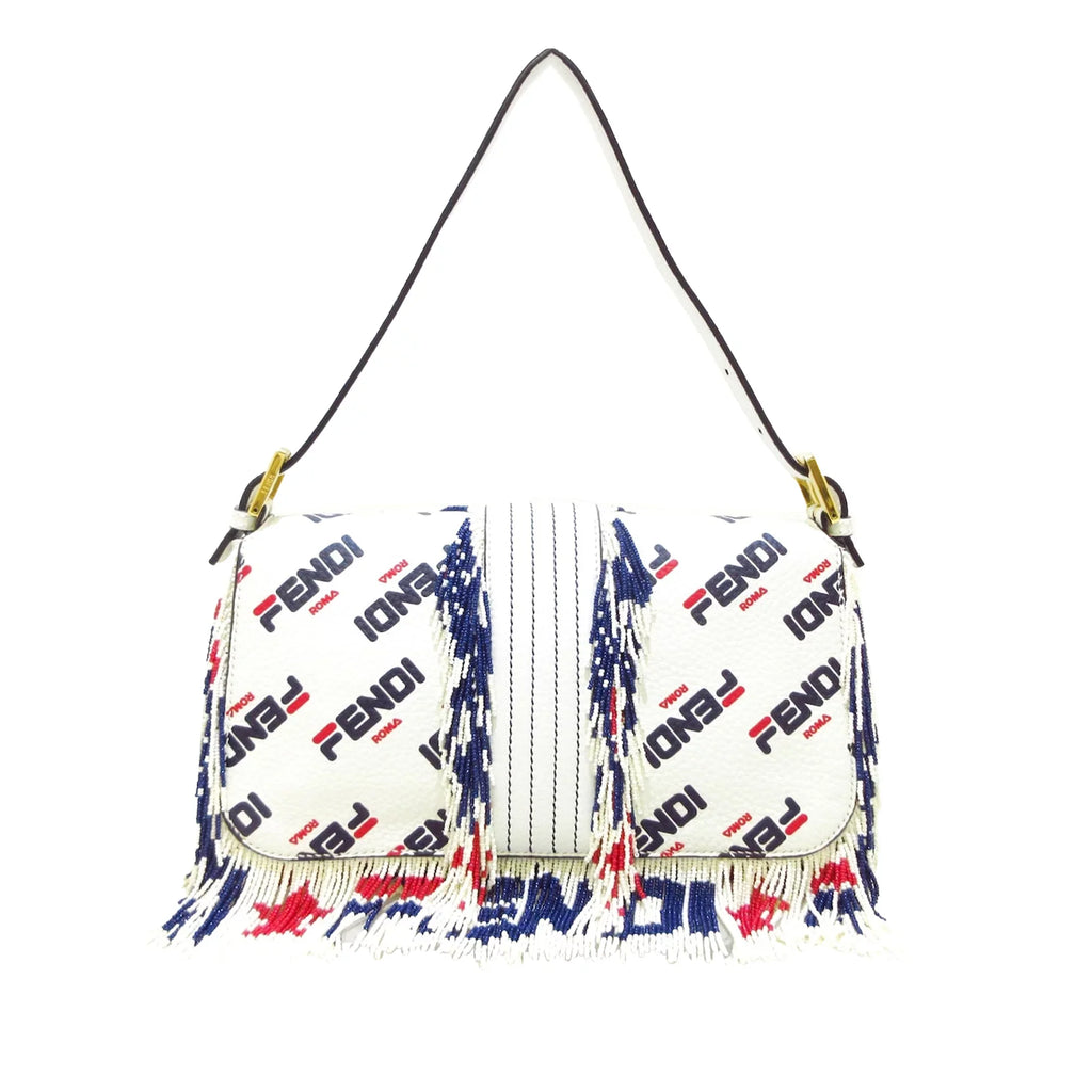 Pre-Owned Authenticated Fendi Fila Mania Beaded Baguette Calf Leather White Shoulder Bag Unisex (Good)