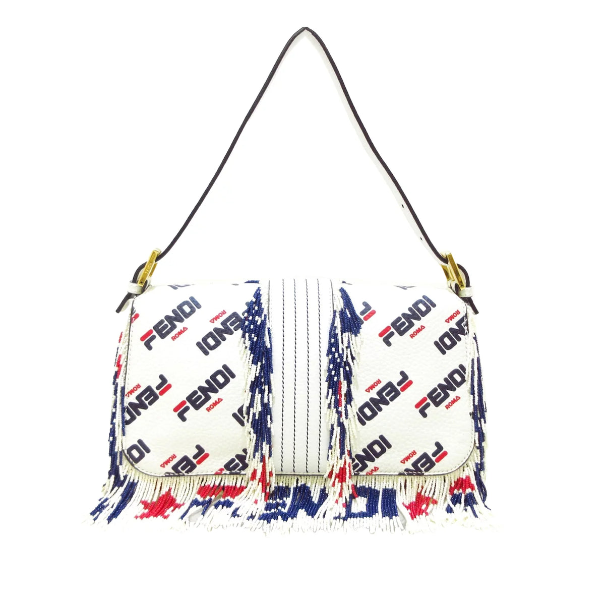 Pre-Owned Authenticated Fendi Fila Mania Beaded Baguette Calf Leather White Shoulder Bag Unisex (Good)
