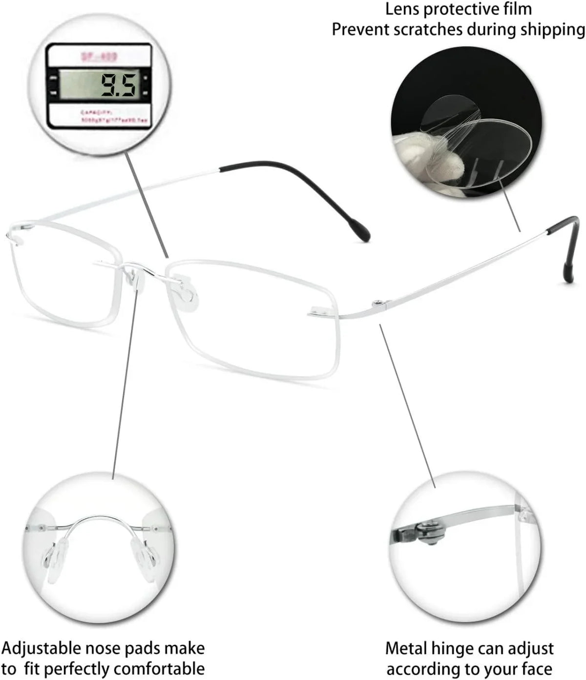 OCCI CHIARI Reading Glasses 1.5 For Mens Lady Designer Readers with Comfortable Frameless Long-lasting Spring Hinge 1.0 1.5 2.0 2.5 3.0 3.5