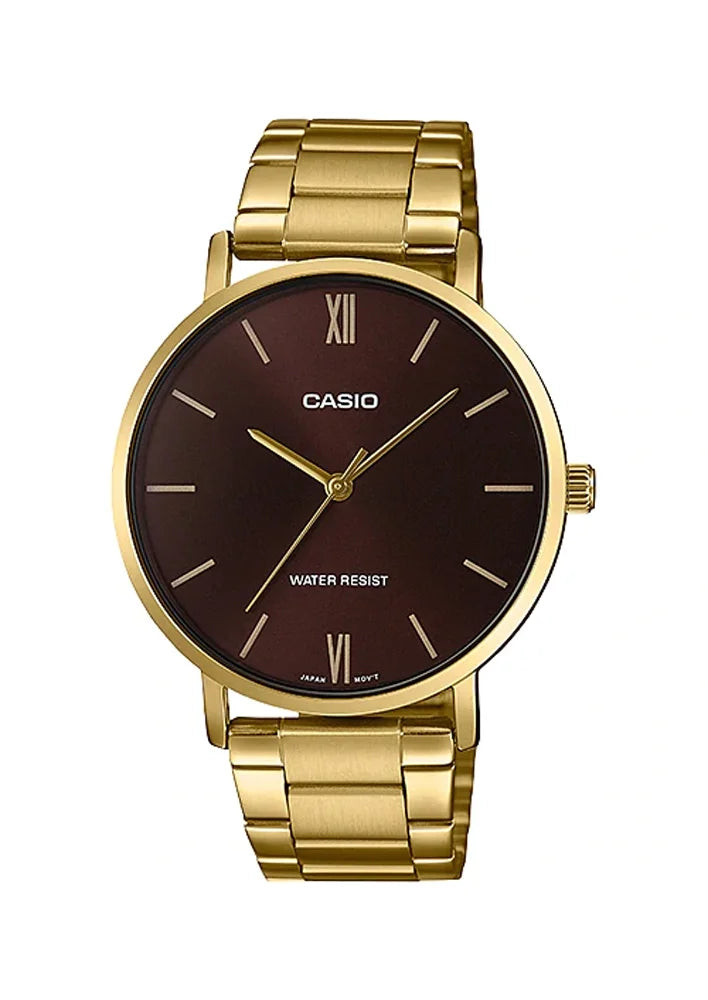Casio MTP-VT01G-5B Men's Gold Tone Minimalistic Burgundy Dial Analog Watch