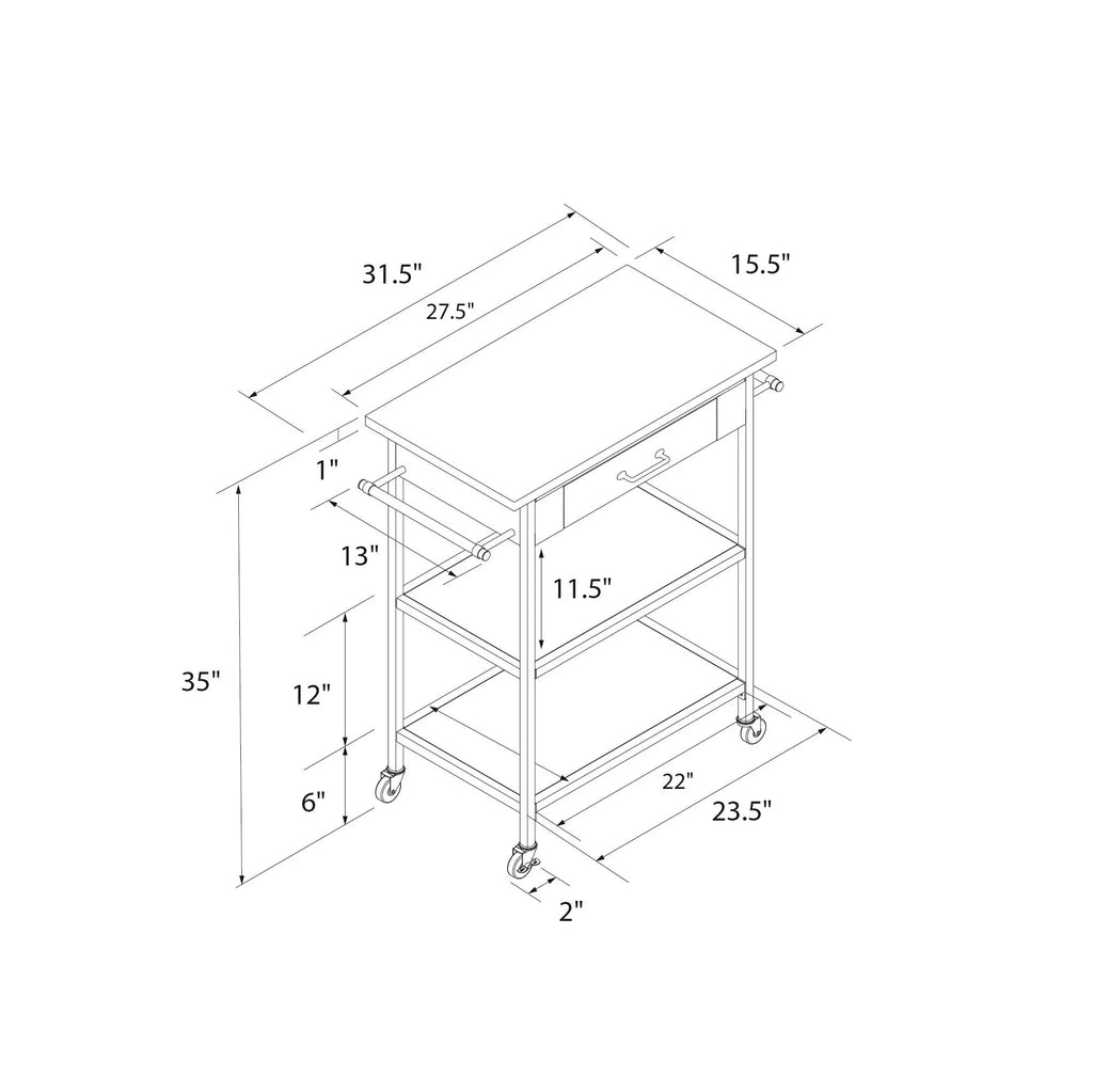 DHP Kane Kitchen Cart, Black Metal Frame, Stainless Steel Counter Top, Pantry Storage, Brown