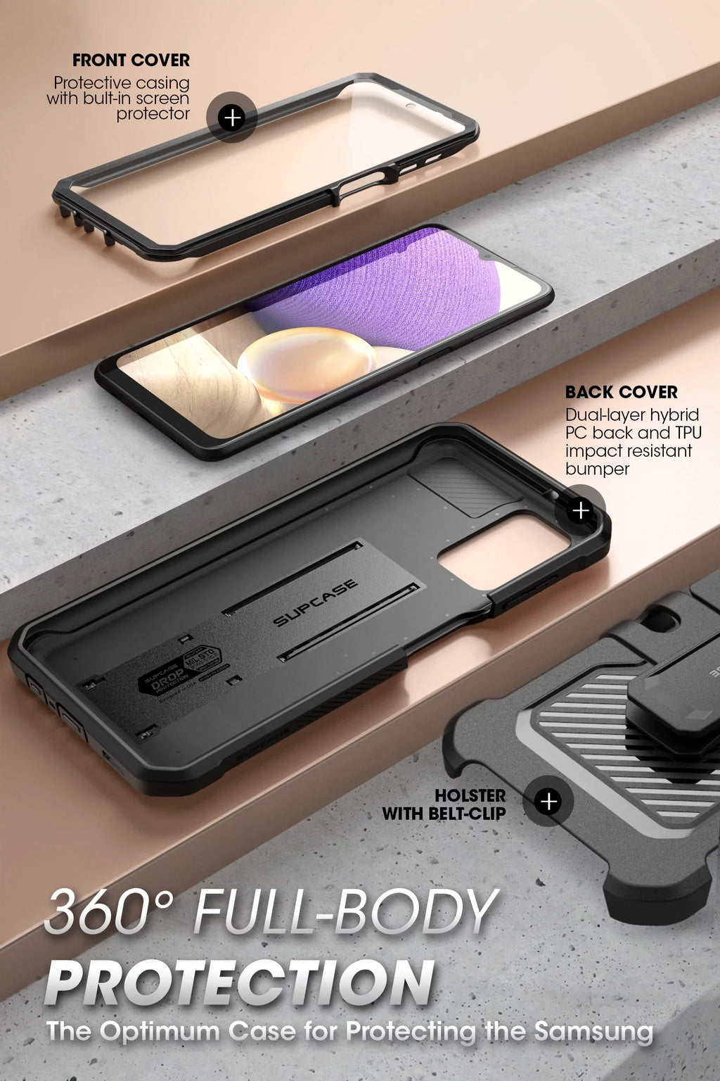 SUPCASE Unicorn Beetle Pro Series Case Designed for Samsung Galaxy A32 5G [Not Fit 4G Version], Full-Body Rugged Holster & Kickstand Case with Built-in Screen Protector (Black)