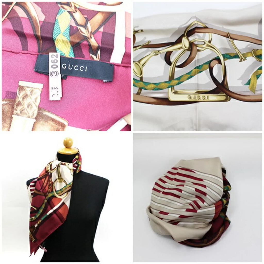 Pre-Owned Gucci Silk Scarf Muffler Beige x Bordeaux Interlocking Pattern GUCCI Women's (Good)
