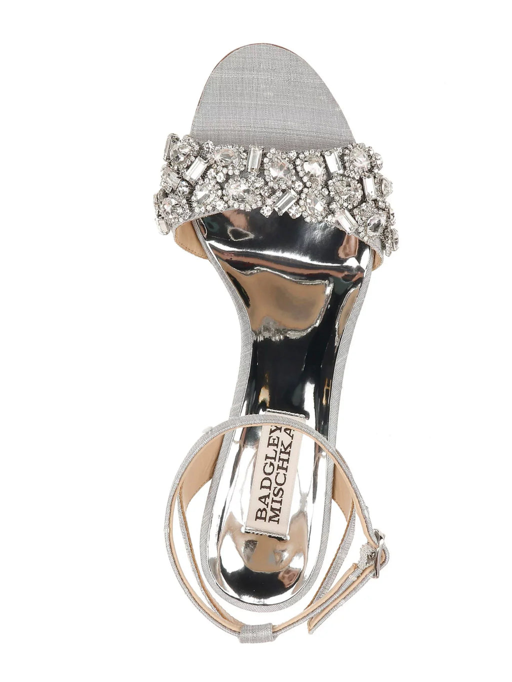 BADGLEY MISCHKA Womens Silver Toe Strap Metallic Rhinestone Round Toe Block Heel Latch Dress Sandals Shoes 7